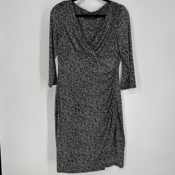 Ralph Lauren Jersey Knit Dress 10 Sheath Faux Wrap Herringbone Black White - Picture 1 of 9